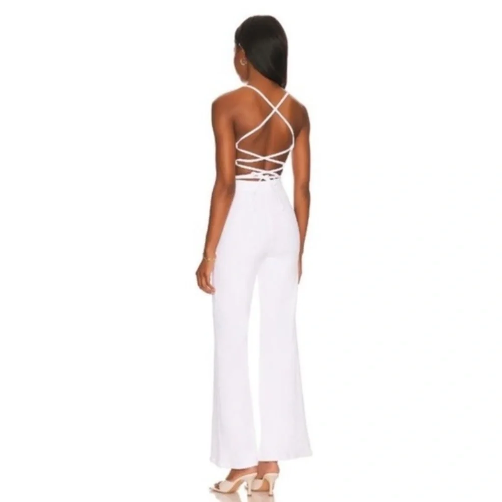 Good American Vacay Lace-Up Stretch Denim Jumpsuit in White001_3